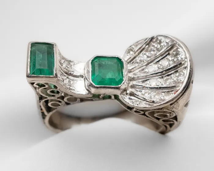 Isadoras C Rings Retro Diamond and Emerald Platinum Ring
