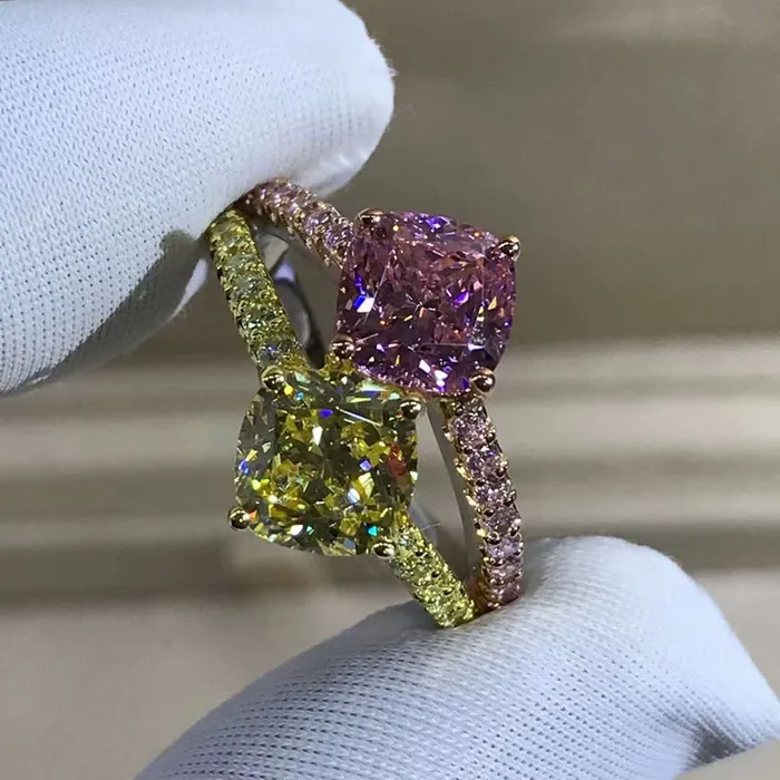 Leyloon Jewelry 3 Carat Cushion Cut Moissanite Ring Vivid Yellow VVS Two Stone Split Shank Rings