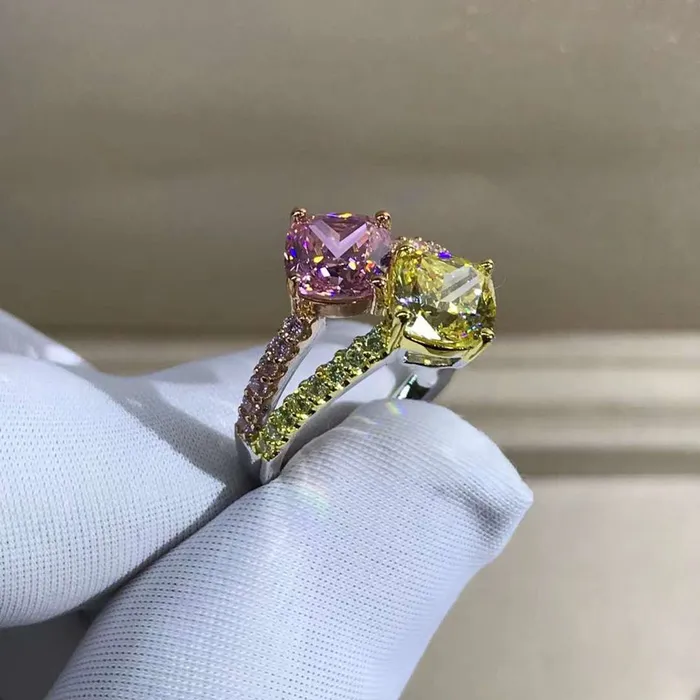 Leyloon Jewelry 3 Carat Cushion Cut Moissanite Ring Vivid Yellow VVS Two Stone Split Shank Rings