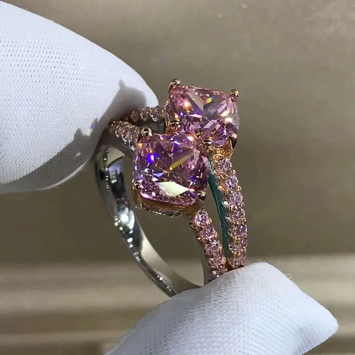 Leyloon Jewelry 3 Carat Cushion Cut Moissanite Ring Vivid Yellow VVS Two Stone Split Shank Rings