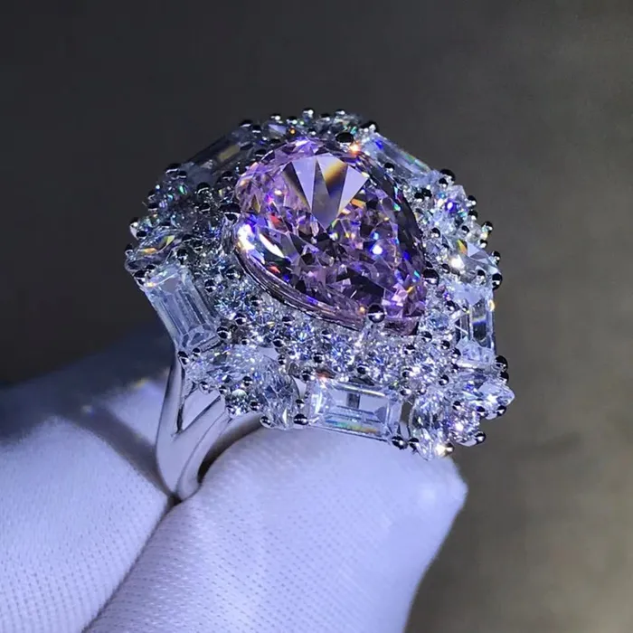 Leyloon Jewelry 4 Carat Pear Cut Pink Double Halo Split Shank VVS Moissanite Ring Rings