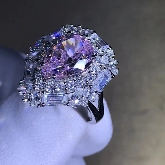 Leyloon Jewelry 4 Carat Pear Cut Pink Double Halo Split Shank VVS Moissanite Ring Rings