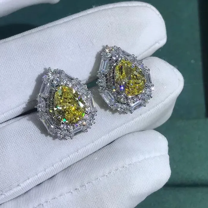 Leyloon Jewelry Earrings 4 Carat Yellow Pear Cut Double Halo Moissanite Stud Earrings Leyloon Jewelry Earrings 4 Carat Yellow Pear Cut Double Halo Moissanite Stud Earrings