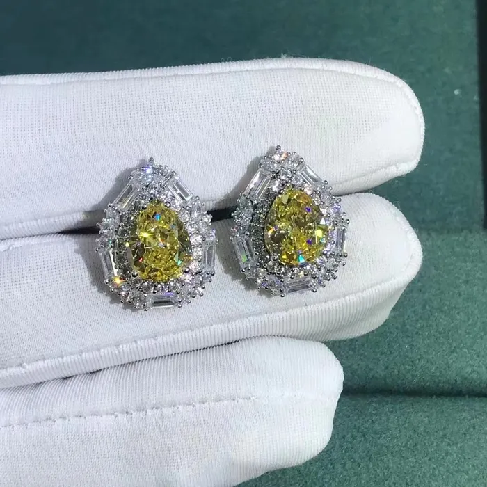 Leyloon Jewelry Earrings 4 Carat Yellow Pear Cut Double Halo Moissanite Stud Earrings