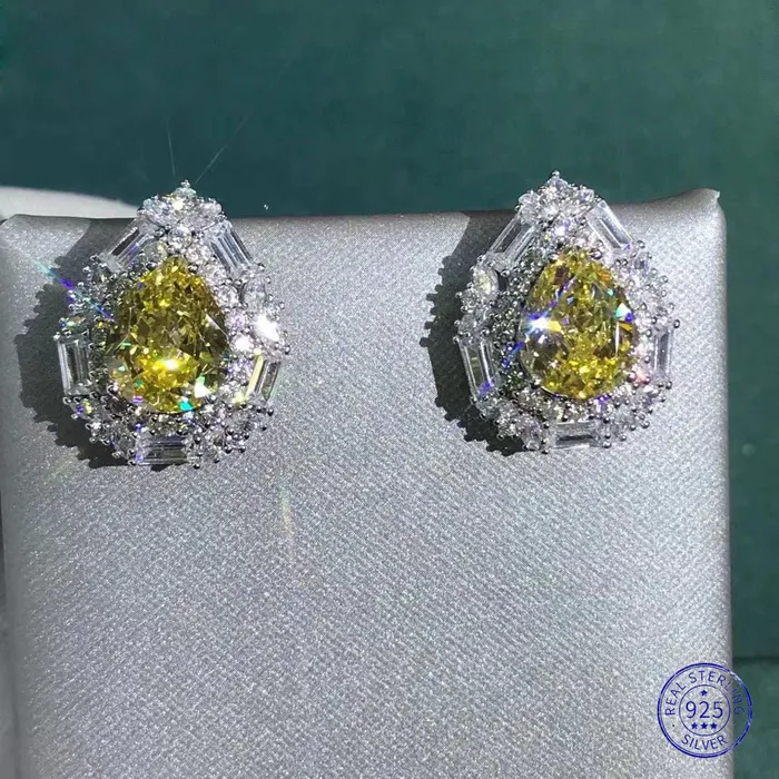 Leyloon Jewelry Earrings 4 Carat Yellow Pear Cut Double Halo Moissanite Stud Earrings