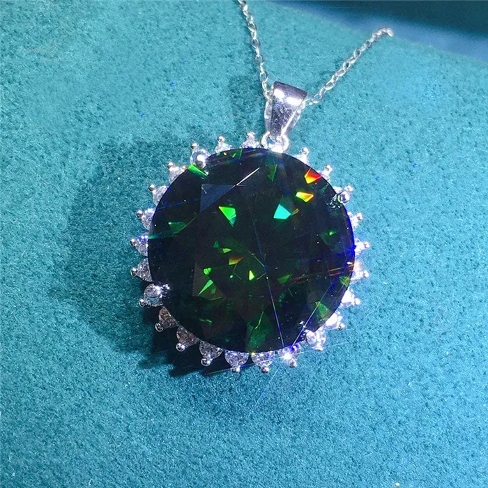 Leyloon Jewelry Necklaces 12 Carat Dark Green Round Cut Starburst Halo Pendant VVS Moissanite Necklace