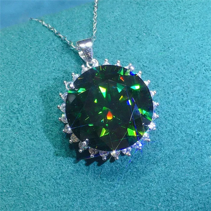 Leyloon Jewelry Necklaces 12 Carat Dark Green Round Cut Starburst Halo Pendant VVS Moissanite Necklace