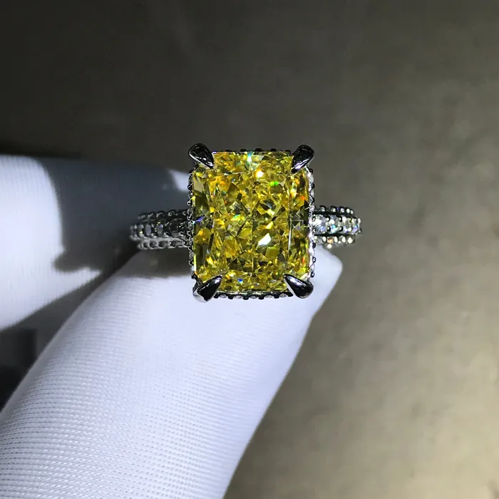 Leyloon Jewelry Rings 5 Carat Radiant Cut Moissanite Ring Vivid Yellow VVS Hidden Halo Beadset Pave