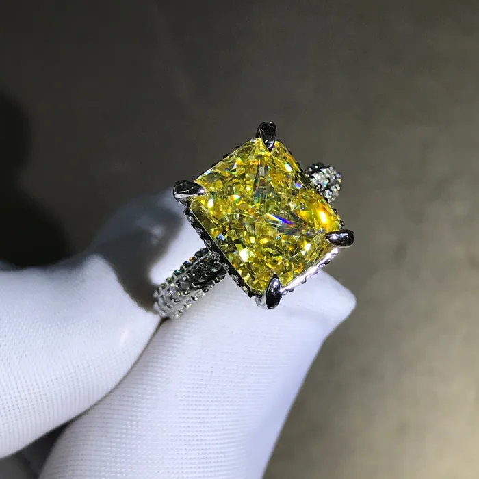 Leyloon Jewelry Rings 5 Carat Radiant Cut Moissanite Ring Vivid Yellow VVS Hidden Halo Beadset Pave