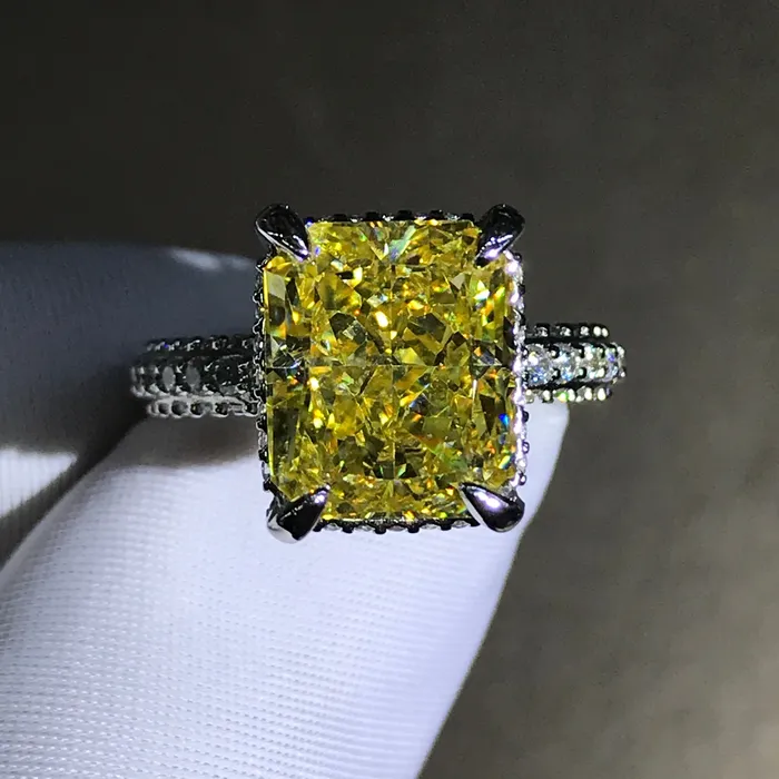 Leyloon Jewelry Rings 5 Carat Radiant Cut Moissanite Ring Vivid Yellow VVS Hidden Halo Beadset Pave