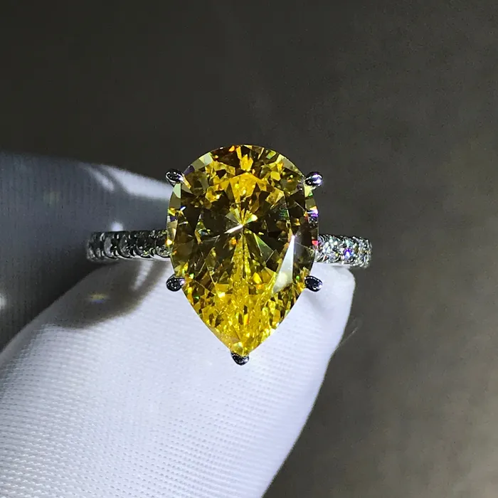 Leyloon Jewelry Rings 6 Carat Pear cut Moissanite Ring Vivid Yellow 5 Claw Basket French Pave