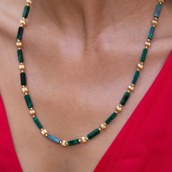 Malachite and 14k Gold 22 Beaded Necklace Vintage Necklaces
