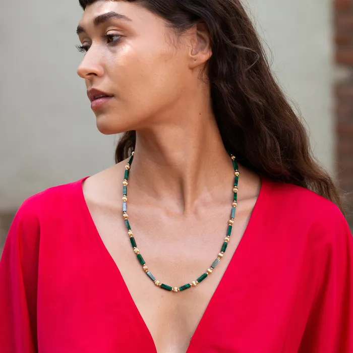 Malachite and 14k Gold 22 Beaded Necklace Vintage Necklaces