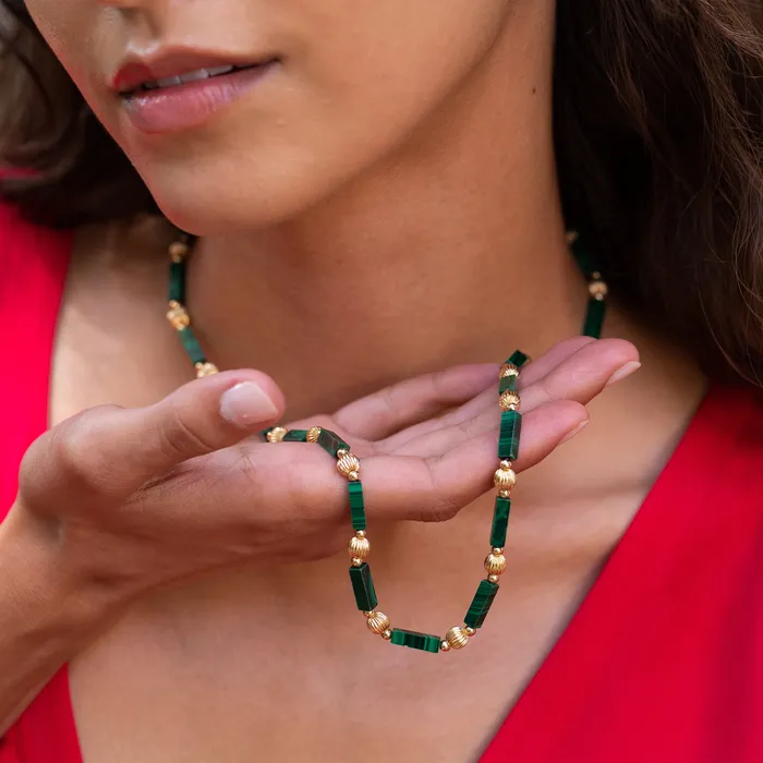 Malachite and 14k Gold 22 Beaded Necklace Vintage Necklaces