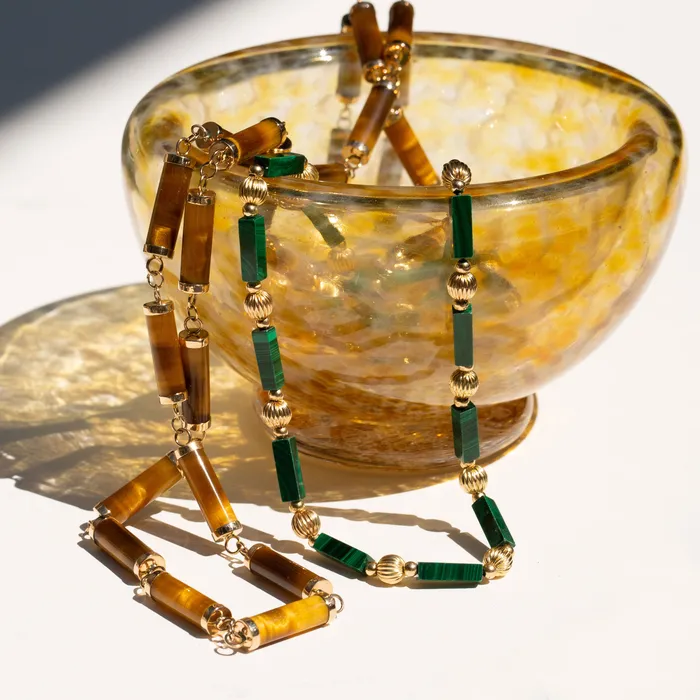 Malachite and 14k Gold 22 Beaded Necklace Vintage Necklaces