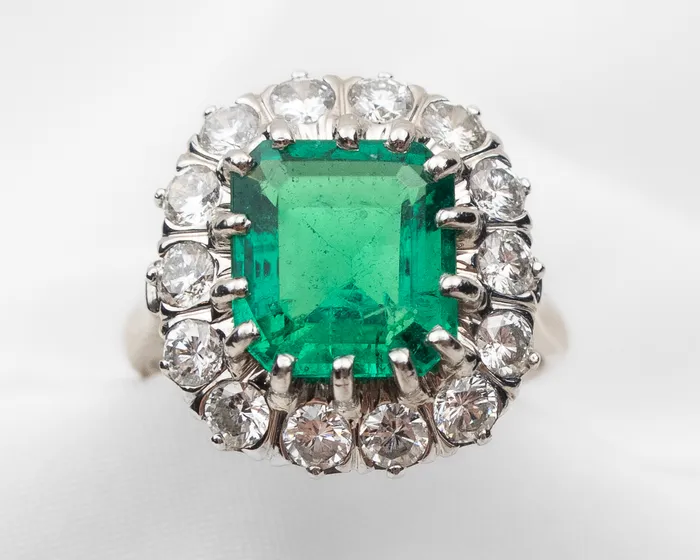 Midcentury Emerald Diamond Halo Ring Isadoras A Rings