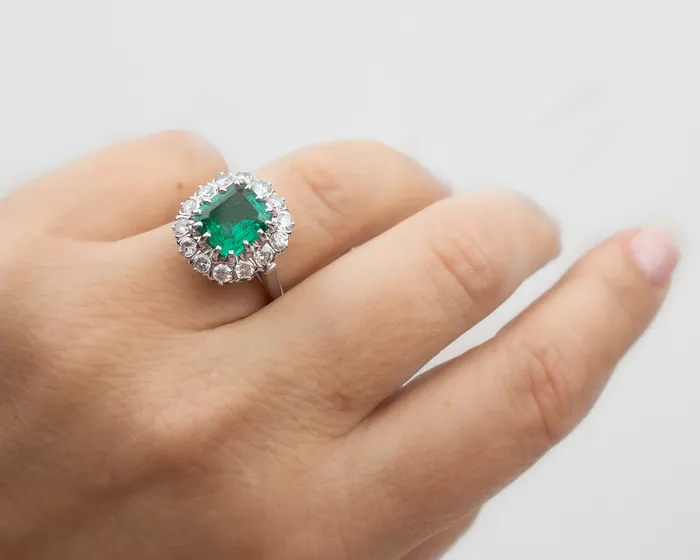 Midcentury Emerald Diamond Halo Ring Isadoras A Rings
