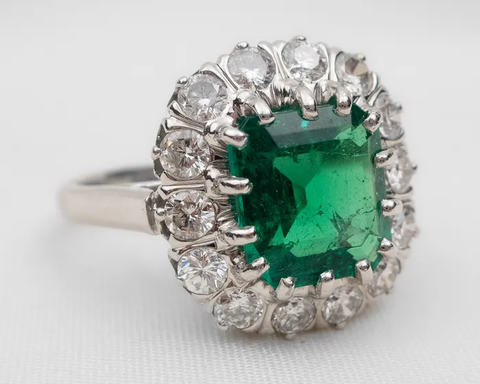 Midcentury Emerald Diamond Halo Ring Isadoras A Rings