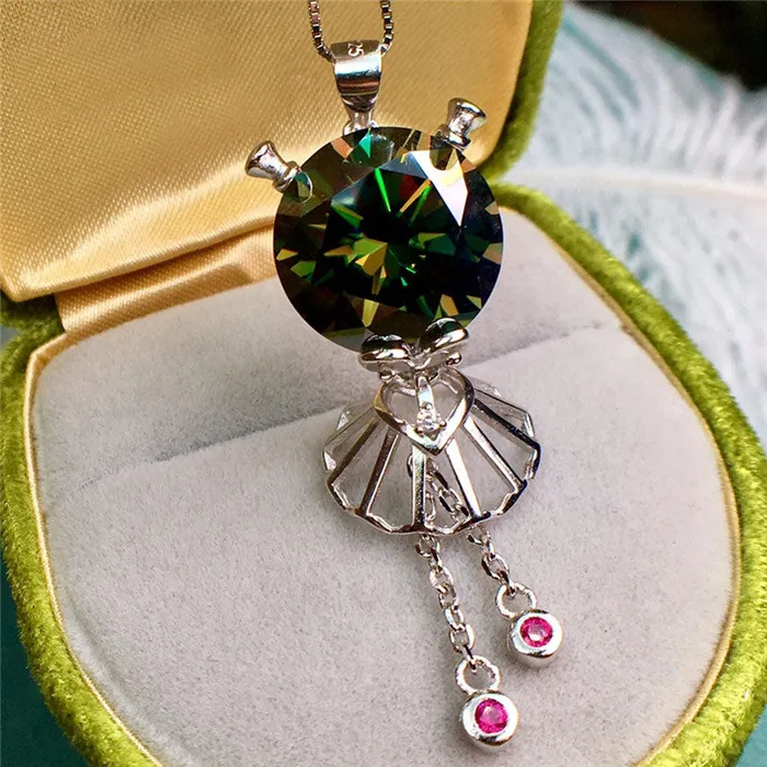 Necklaces 13 Carat Green Round Cut Solitaire Certified VVS Moissanite Necklace Leyloon Jewelry