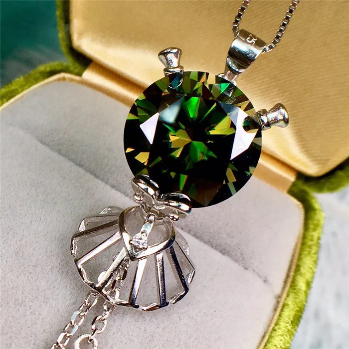 Necklaces 13 Carat Green Round Cut Solitaire Certified VVS Moissanite Necklace Leyloon Jewelry