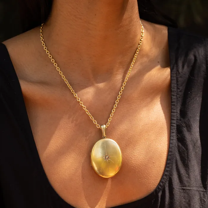 Necklaces Antique Large Victorian Diamond Starburst and 14k Gold Locket