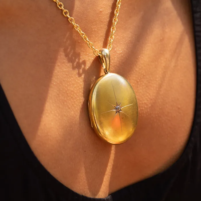 Necklaces Antique Large Victorian Diamond Starburst and 14k Gold Locket