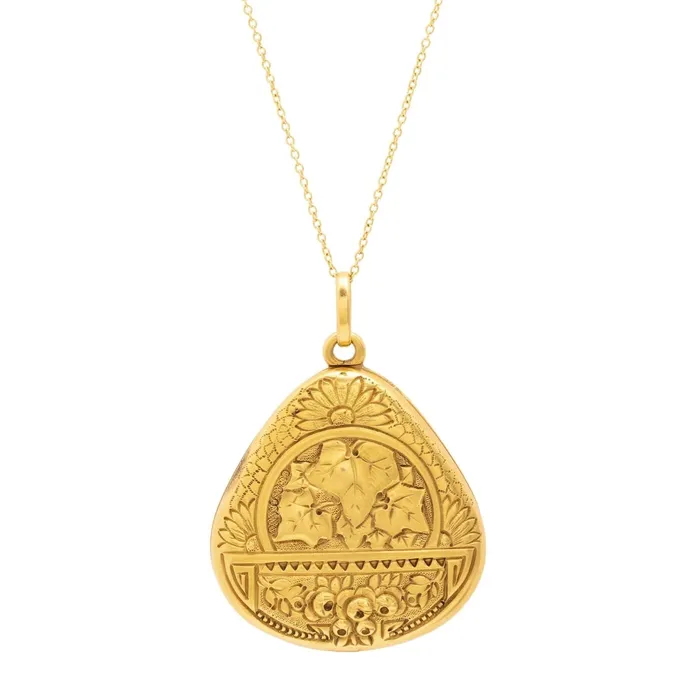 Necklaces Early 20th Century Floral Embossed 14K Gold Locket Necklace Antique Necklaces Early 20th Century Floral Embossed 14K Gold Locket Necklace Antique