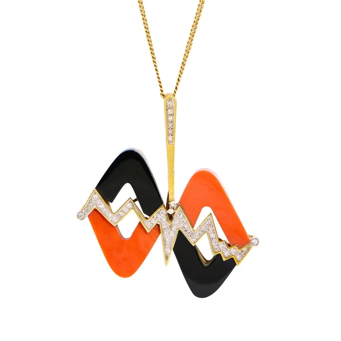 Necklaces Vintage Modernist Wavy Coral Onyx Diamond And 14k Gold Pendant Necklaces Vintage Modernist Wavy Coral Onyx Diamond And 14k Gold Pendant