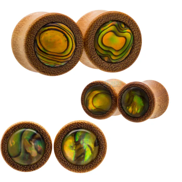 Omerica Organic Earrings Paua Inlay Wood Plugs