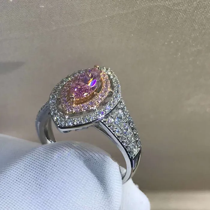Rings Leyloon Jewelry 1 Carat Pink Marquise Cut Floating Double Halo Split Shank VVS Moissanite Ring