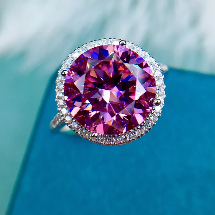 Rings Leyloon Jewelry 5 Carat Pink Round Cut Thin Band Floating Halo French Pave VVS Moissanite Ring