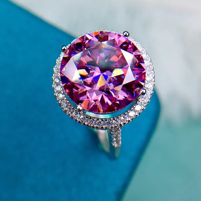 Rings Leyloon Jewelry 5 Carat Pink Round Cut Thin Band Floating Halo French Pave VVS Moissanite Ring