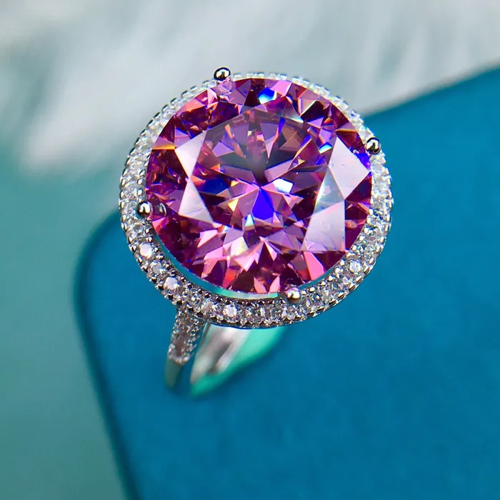 Rings Leyloon Jewelry 5 Carat Pink Round Cut Thin Band Floating Halo French Pave VVS Moissanite Ring