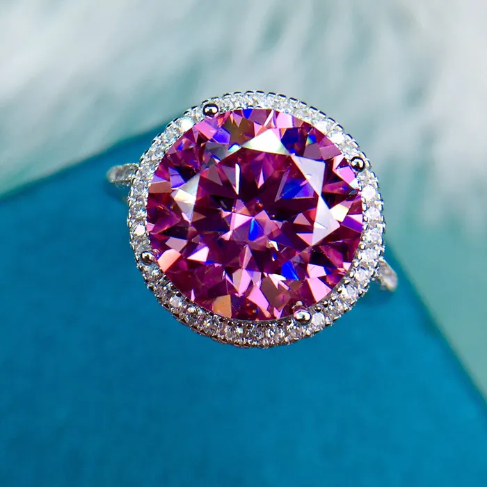 Rings Leyloon Jewelry 5 Carat Pink Round Cut Thin Band Floating Halo French Pave VVS Moissanite Ring