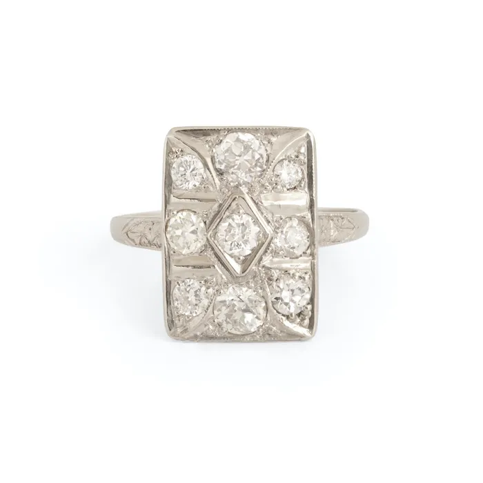 Rings Old European Cut Diamond and 14k White Gold Rectangular Ring Antique
