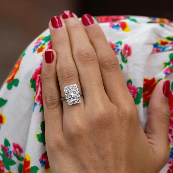 Rings Old European Cut Diamond and 14k White Gold Rectangular Ring Antique