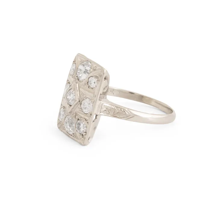 Rings Old European Cut Diamond and 14k White Gold Rectangular Ring Antique