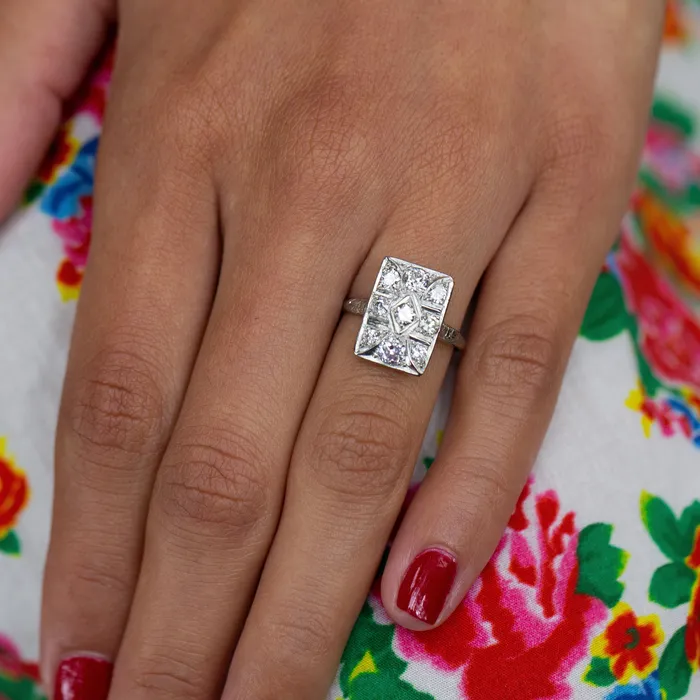 Rings Old European Cut Diamond and 14k White Gold Rectangular Ring Antique