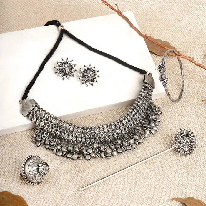 Rings Teejh Teejh Poompuhar Oxidised Silver Jewellery Gift Set