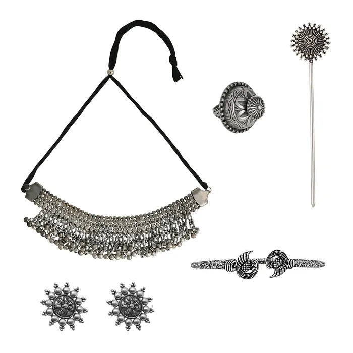 Rings Teejh Teejh Poompuhar Oxidised Silver Jewellery Gift Set
