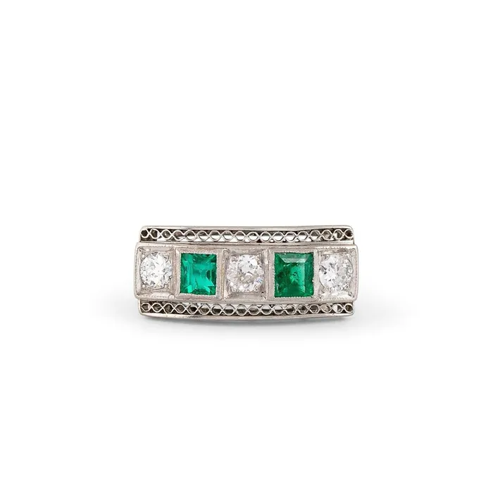 Rings Vintage Art Deco Diamond Emerald and Platinum Ring