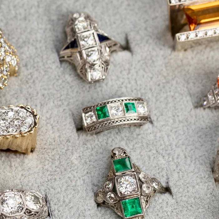 Rings Vintage Art Deco Diamond Emerald and Platinum Ring