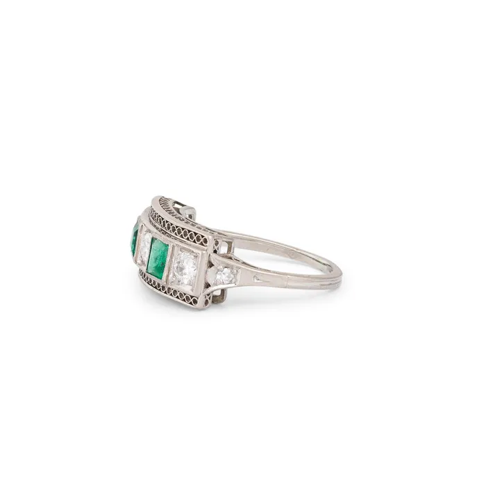 Rings Vintage Art Deco Diamond Emerald and Platinum Ring