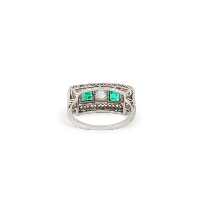 Rings Vintage Art Deco Diamond Emerald and Platinum Ring