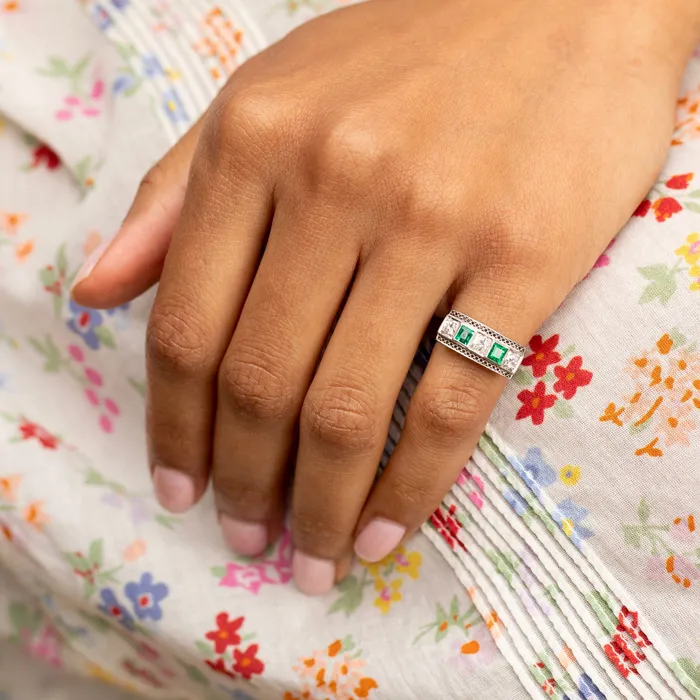 Rings Vintage Art Deco Diamond Emerald and Platinum Ring