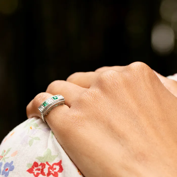 Rings Vintage Art Deco Diamond Emerald and Platinum Ring