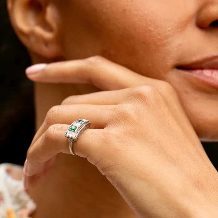 Rings Vintage Art Deco Diamond Emerald and Platinum Ring