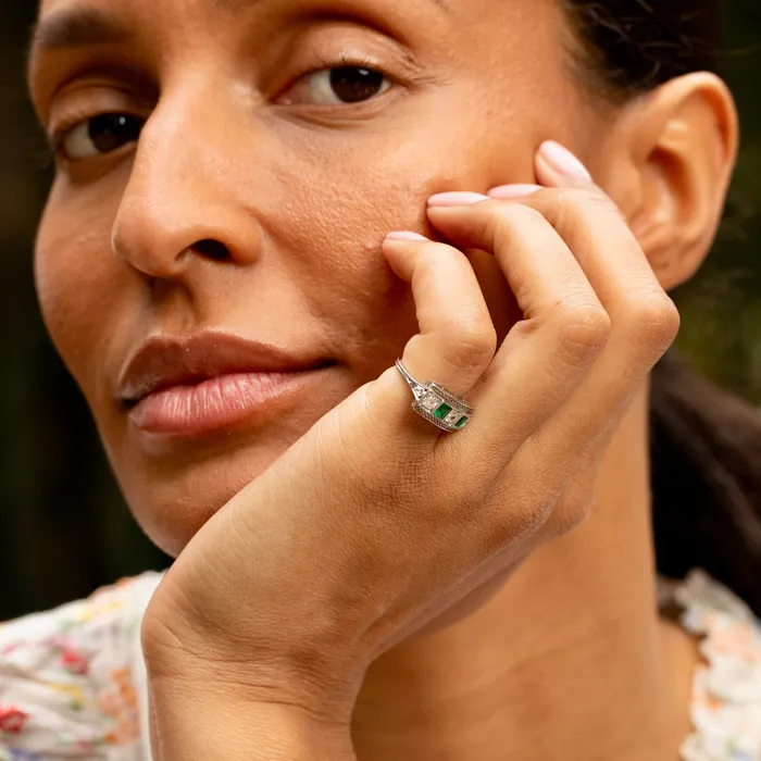 Rings Vintage Art Deco Diamond Emerald and Platinum Ring