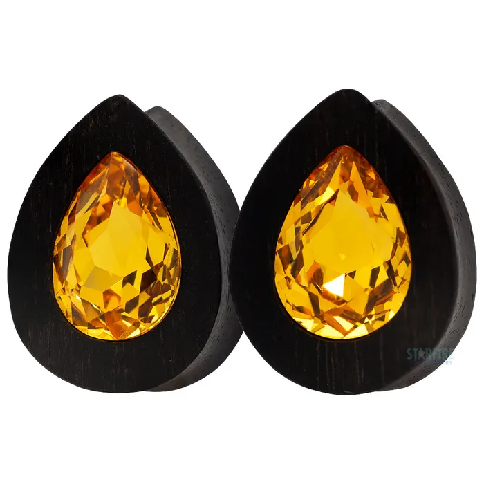 Teardrop Swarovski Plugs in Wood Light Topaz Esoteric Organics Necklaces
