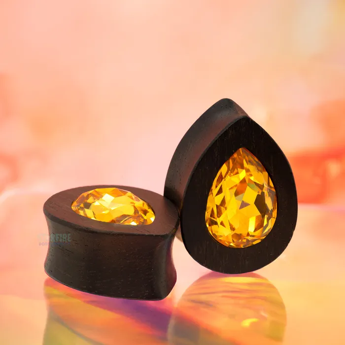 Teardrop Swarovski Plugs in Wood Light Topaz Esoteric Organics Necklaces